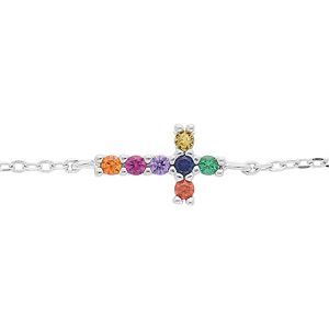 Bracelet en argent rhodi chane avec croix et pierres multi couleurs 16+3cm - Vue 1