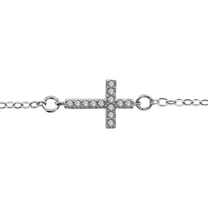 Bracelet en argent rhodi chane avec croix orne d\'oxydes blancs sertis au milieu - longueur 16cm + 2cm de rallonge - Vue 1