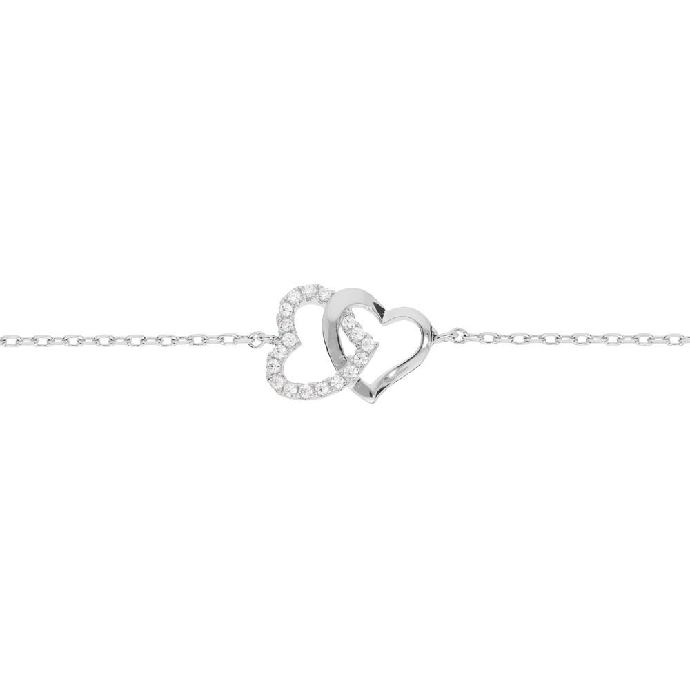 Bracelet en argent rhodi� cha�ne avec double coeur entrelac� et oxydes blancs sertis 16+2,5cm - Vue 1