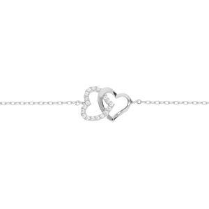 Bracelet en argent rhodi chane avec double coeur entrelac et oxydes blancs sertis 16+2,5cm - Vue 1