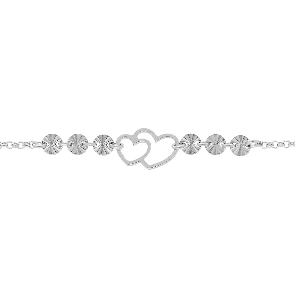Bracelet en argent rhodi� cha�ne avec double coeur et pastilles diamant�es 16+3cm - Vue 1