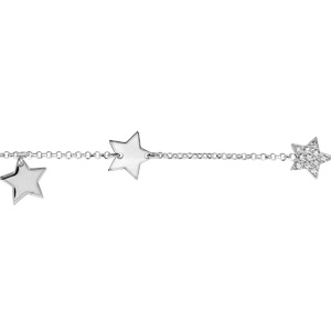 Bracelet en argent rhodié chaîne avec étoiles 2 lisses et 1 pavée d\'oxydes blancs sertis - longueur 16+3cm - Vue 1