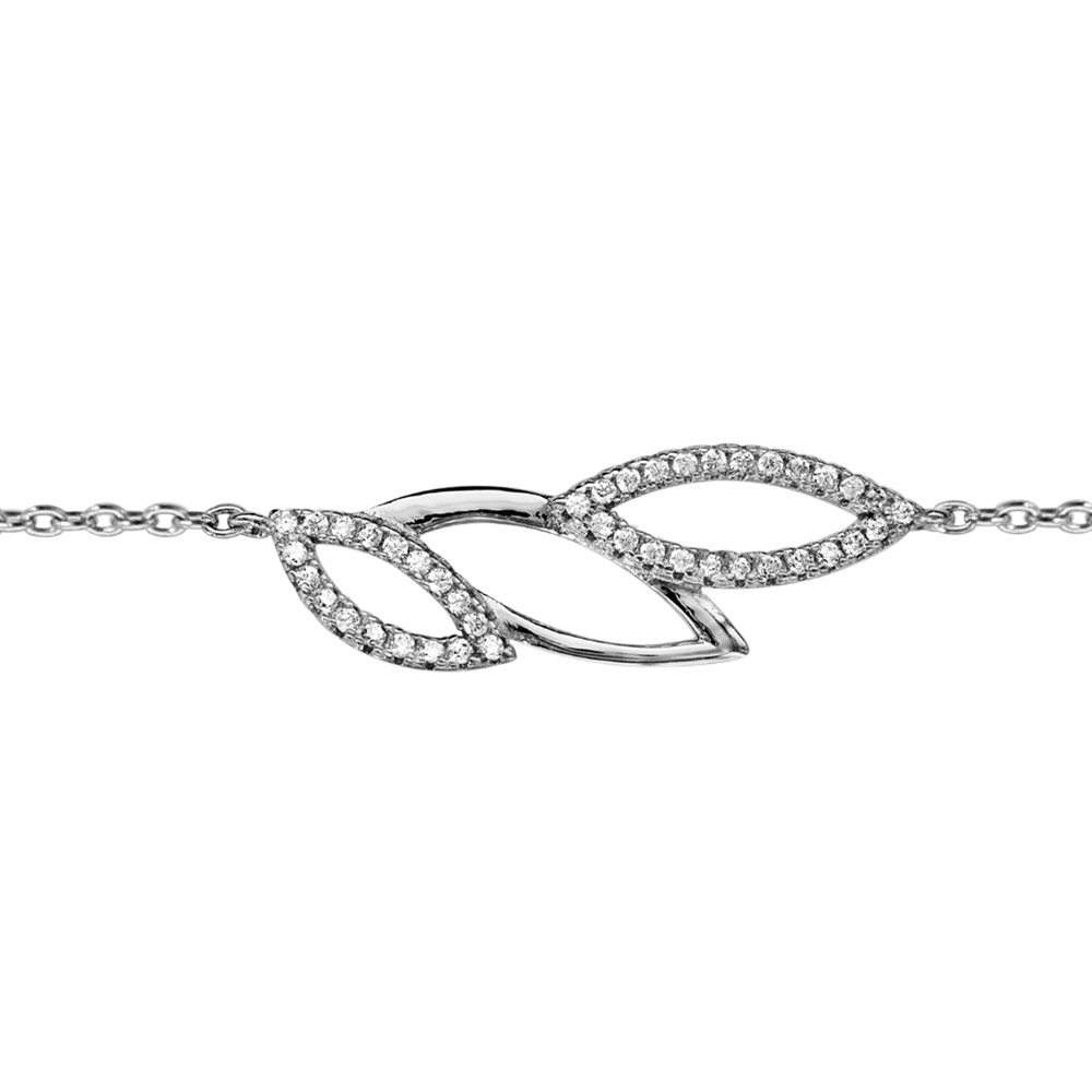 Bracelet en argent rhodi� cha�ne avec feuillage ajour� et oxydes blancs sertis 16cm + 2cm - Vue 1