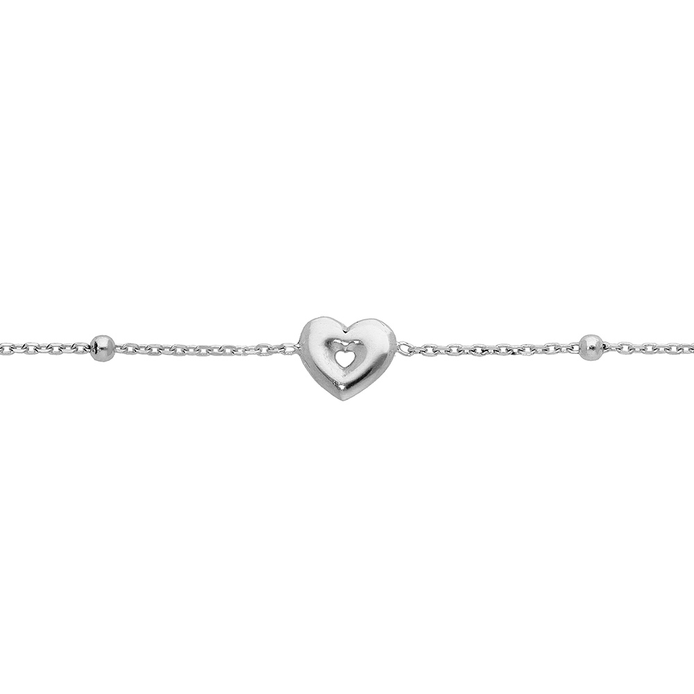 Bracelet en argent rhodi� cha�ne avec fines boules et coeur au centre 16+3cm - Vue 1
