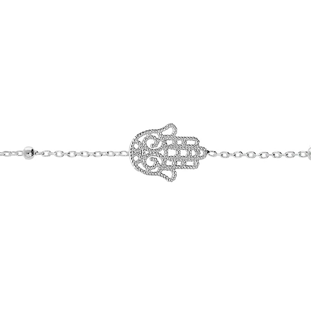 Bracelet en argent rhodi� cha�ne avec fines boules et Main de Fatma 15+3cm - Vue 1
