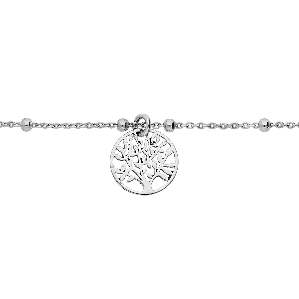 Bracelet en argent rhodi� cha�ne avec fines boules et pampille arbre de vie 16+3cm - Vue 1