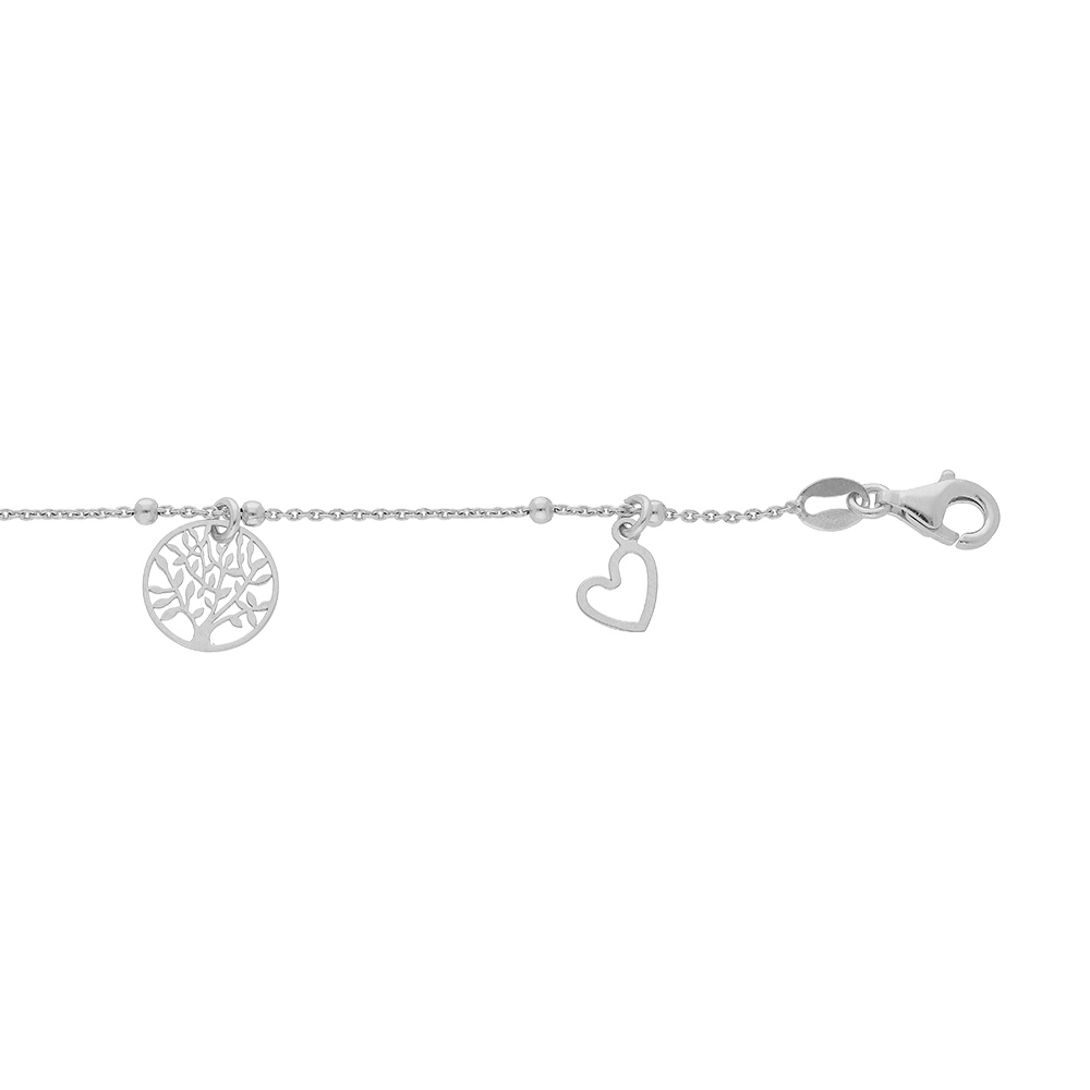 Bracelet en argent rhodi� cha�ne avec fines boules et pampilles coeurs et arbre de vie 16+3cm - Vue 1