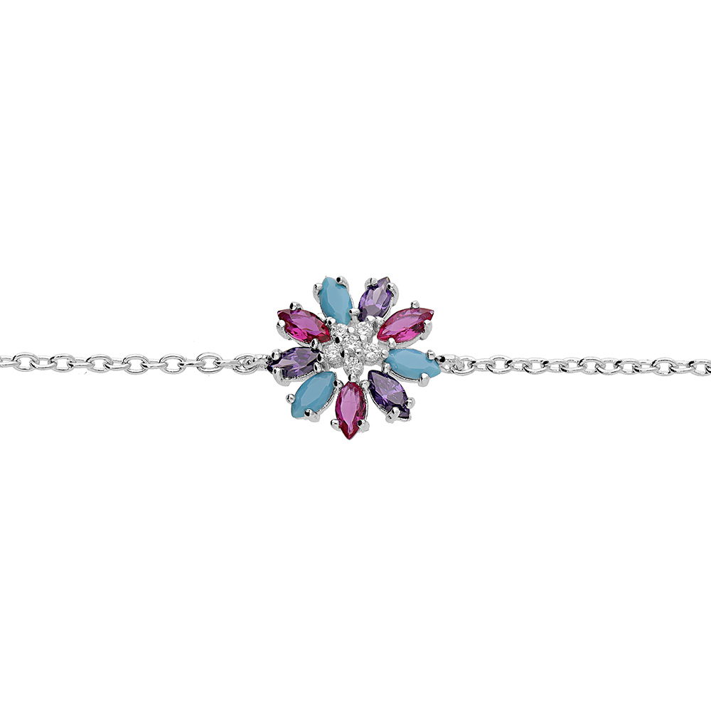 Bracelet en argent rhodi� cha�ne avec fleur d\'oxydes multi couleurs 16+2cm - Vue 1