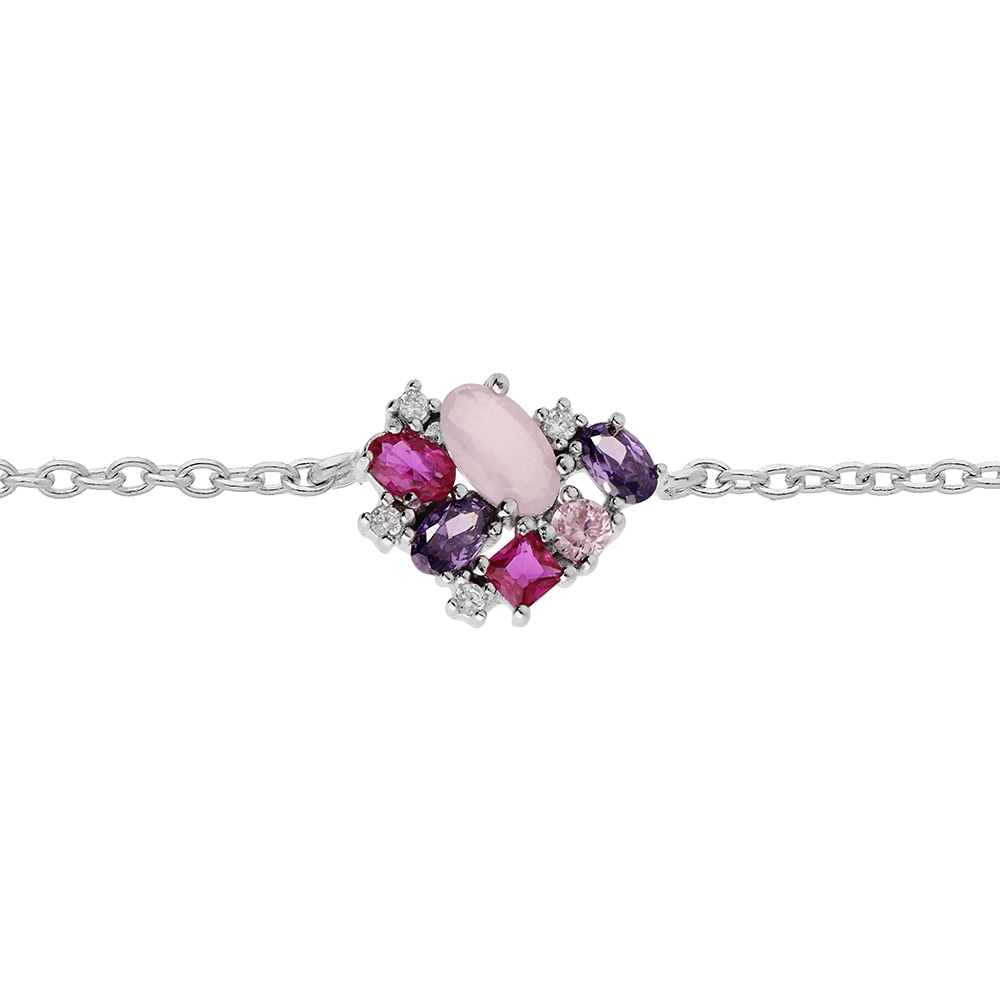 Bracelet en argent rhodi� cha�ne avec g�om�trie d\'oxydes roses et violet 16+2cm - Vue 1