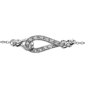 Bracelet en argent rhodié chaîne avec goutte évidée ornée d\'oxydes blancs sertis et avec un élément tournant de chaque côté au milieu - longueur 16cm + 3cm de rallonge - Vue 1