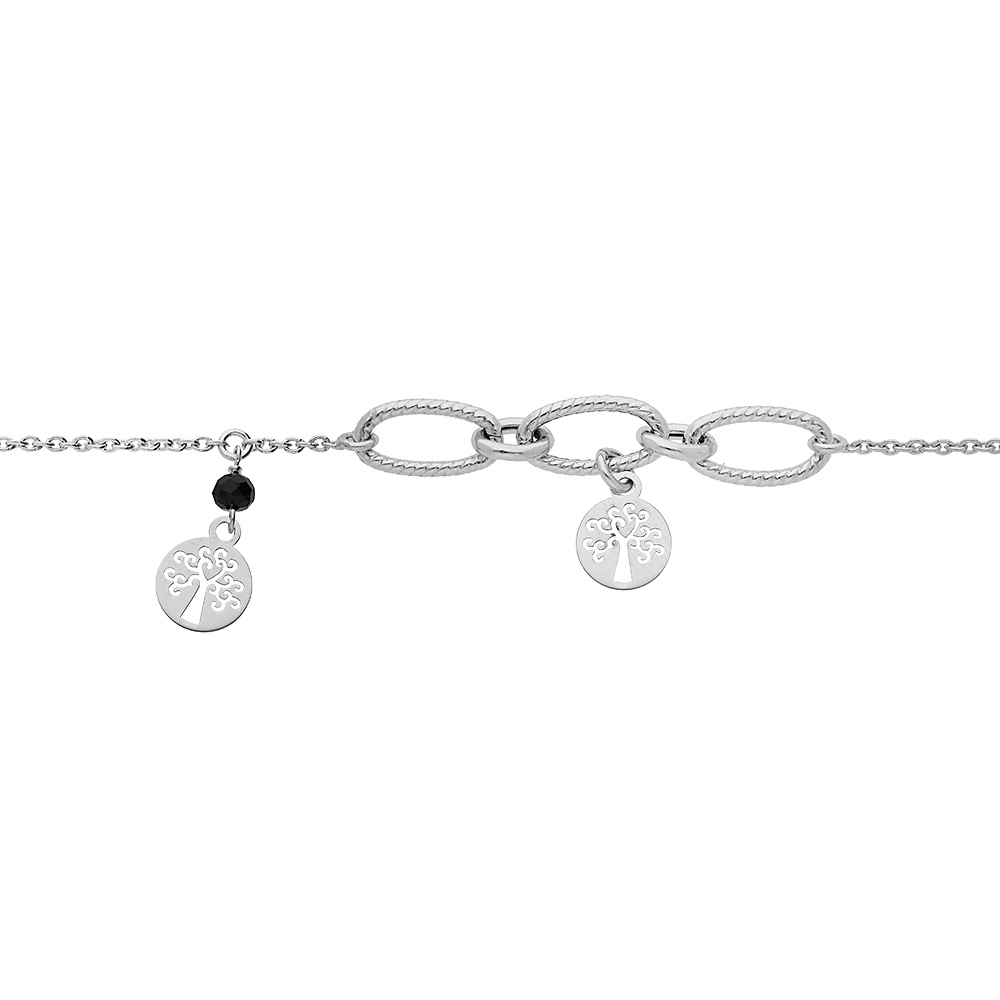 Bracelet en argent rhodi� cha�ne avec gros maillons et pampilles arbre de vie et pierre facet� de couleur noire 16+3cm - Vue 1