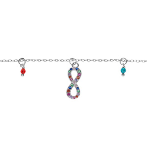 Bracelet en argent rhodi chane avec infini empierrs suspendu et pampilles boules multi couleurs 15+3cm - Vue 1