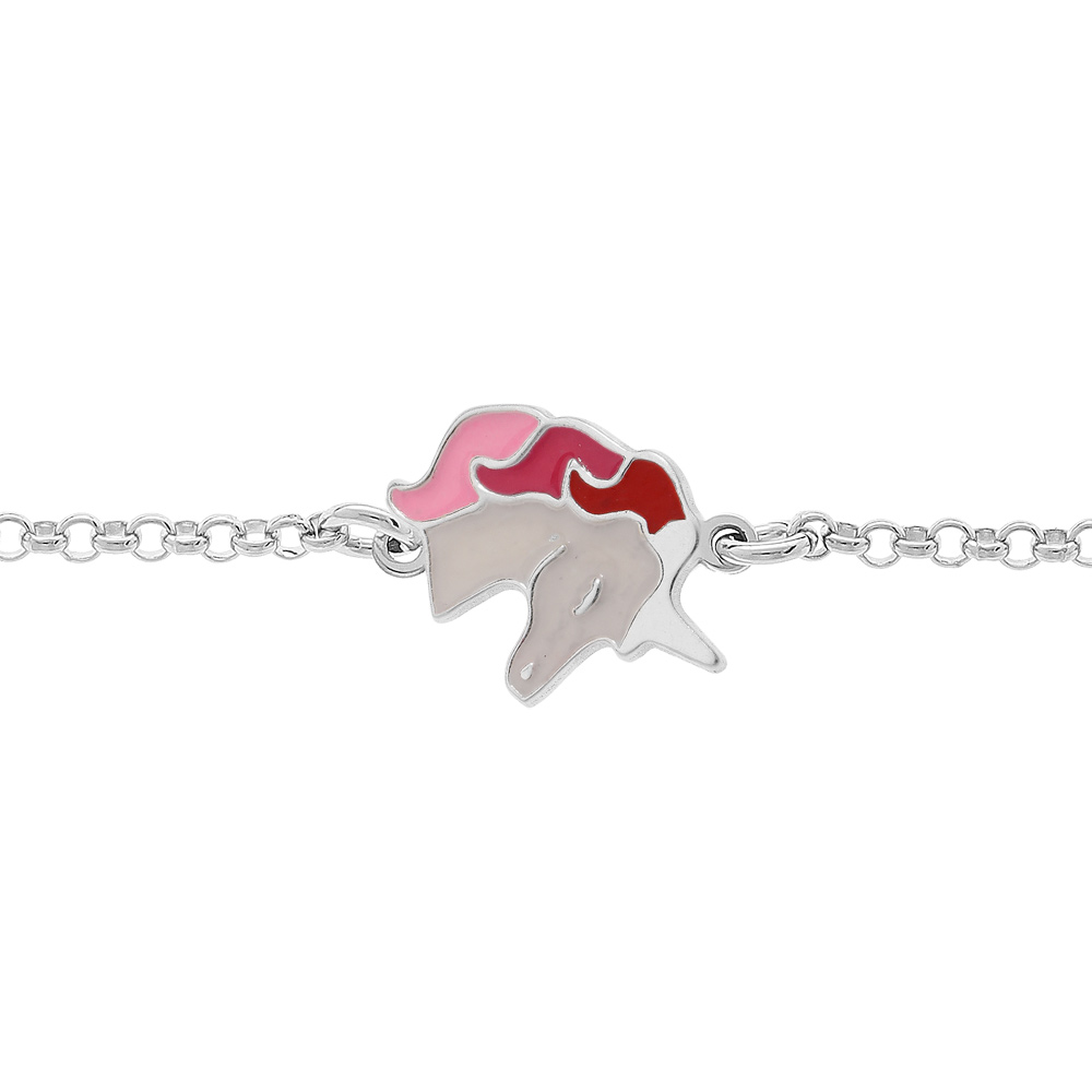 Bracelet en argent rhodi� cha�ne avec licorne blanche et rose 13+3cm - Vue 1