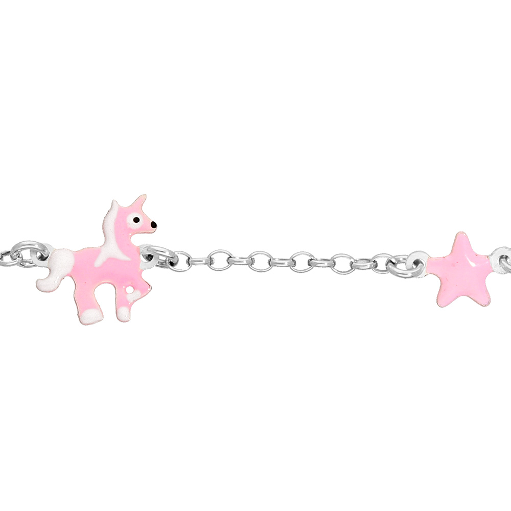 Bracelet en argent rhodi� cha�ne avec licorne et �toile rose 14+2cm - Vue 1