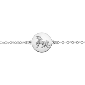 Bracelet en argent rhodié chaîne avec licorne martelée sur galet 16cm + 3cm - Vue 1