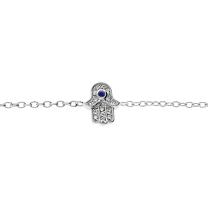 Bracelet en argent rhodi chane avec main de fatma et oxydes blancs et bleu sertis 16+3cm - Vue 1