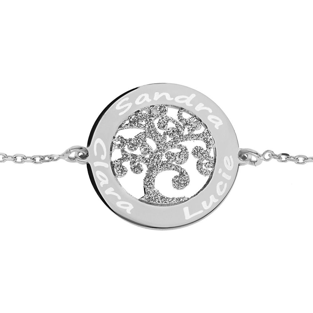 Bracelet en argent rhodi� cha�ne avec m�daillon pr�noms � graver motif arbre de vie granit� 20mm 16+3cm - Vue 1