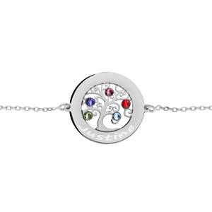 Bracelet en argent rhodi chane avec mdaillon prnoms  graver motif arbre de vie multicouleurs  30mm 16+3cm - Vue 1