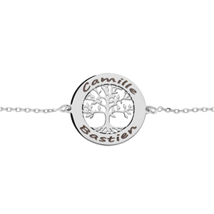 Bracelet en argent rhodié chaîne avec médaillon prénoms à graver motif petit arbre de vie 20mm  15,5+3cm - Vue 1