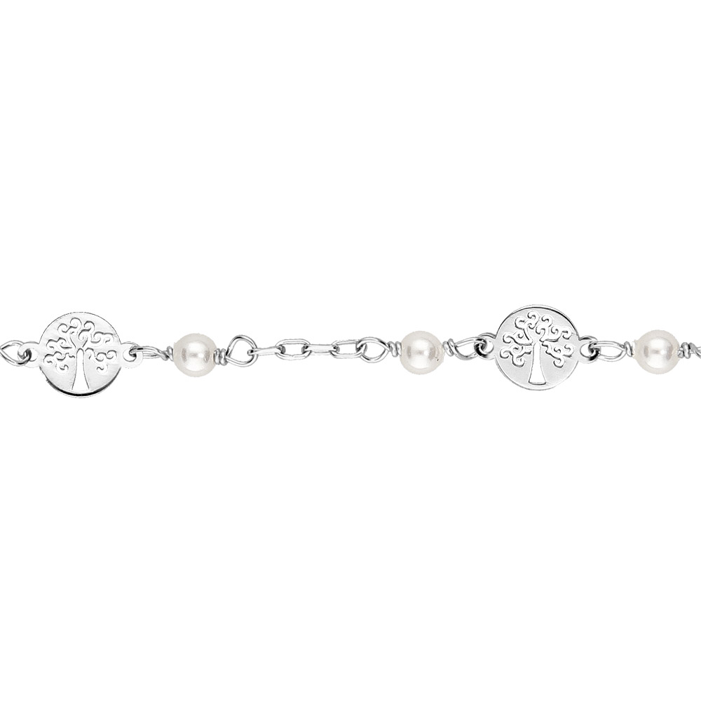 Bracelet en argent rhodi� cha�ne avec motif arbre de vie et perles blanches en verre de Swarovski 15+3cm - Vue 1