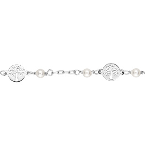 Bracelet en argent rhodi chane avec motif arbre de vie et perles blanches en verre de Swarovski 15+3cm - Vue 1