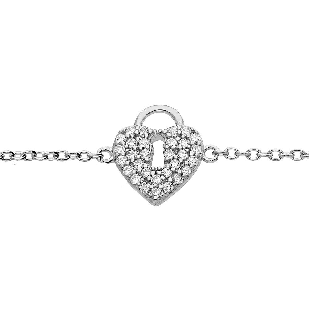 Bracelet en argent rhodi� cha�ne avec motif cadenas coeur pav� oxydes blancs 16+2cm - Vue 1