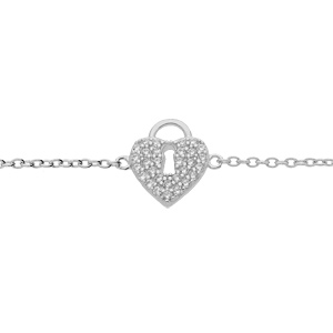 Bracelet en argent rhodi chane avec motif cadenas coeur pav oxydes blancs 16+2cm - Vue 1