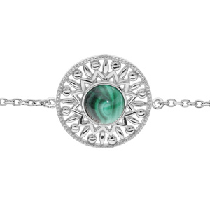 Bracelet en argent rhodi chane avec motif ethnique et Malachite vritable 16+2cm - Vue 1