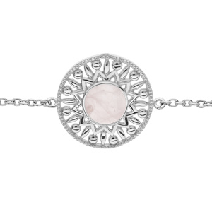 Bracelet en argent rhodi chane avec motif ethnique et Quartz rose vritable 16+2cm - Vue 1