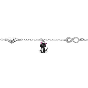 Bracelet en argent rhodi chane avec motif infini et coeur et chat noir et blanc 12,5+3cm - Vue 1