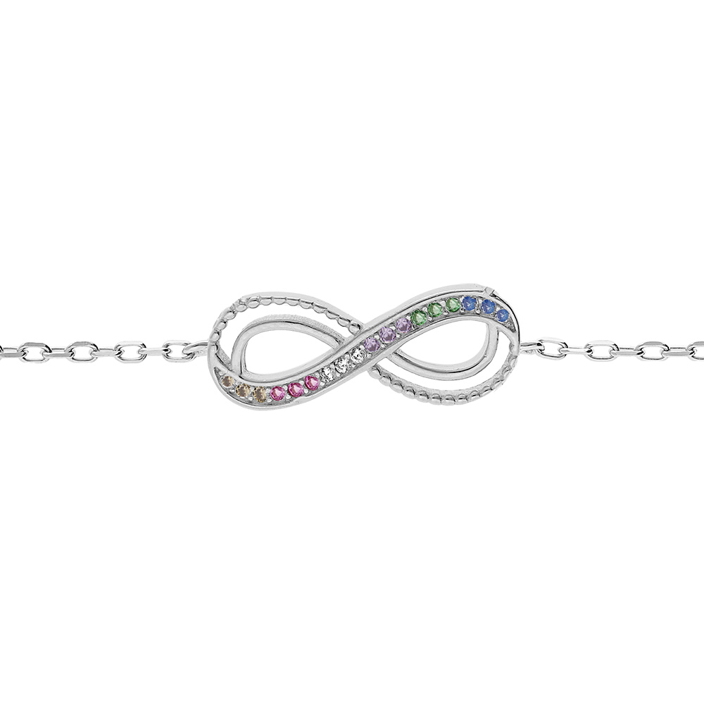 Bracelet en argent rhodi� cha�ne avec motif infini et oxydes multi couleurs sertis 16+3cm - Vue 1
