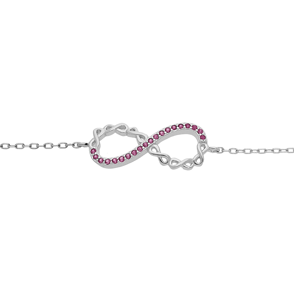 Bracelet en argent rhodi� cha�ne avec motif infini et oxydes roses 16+3cm - Vue 1