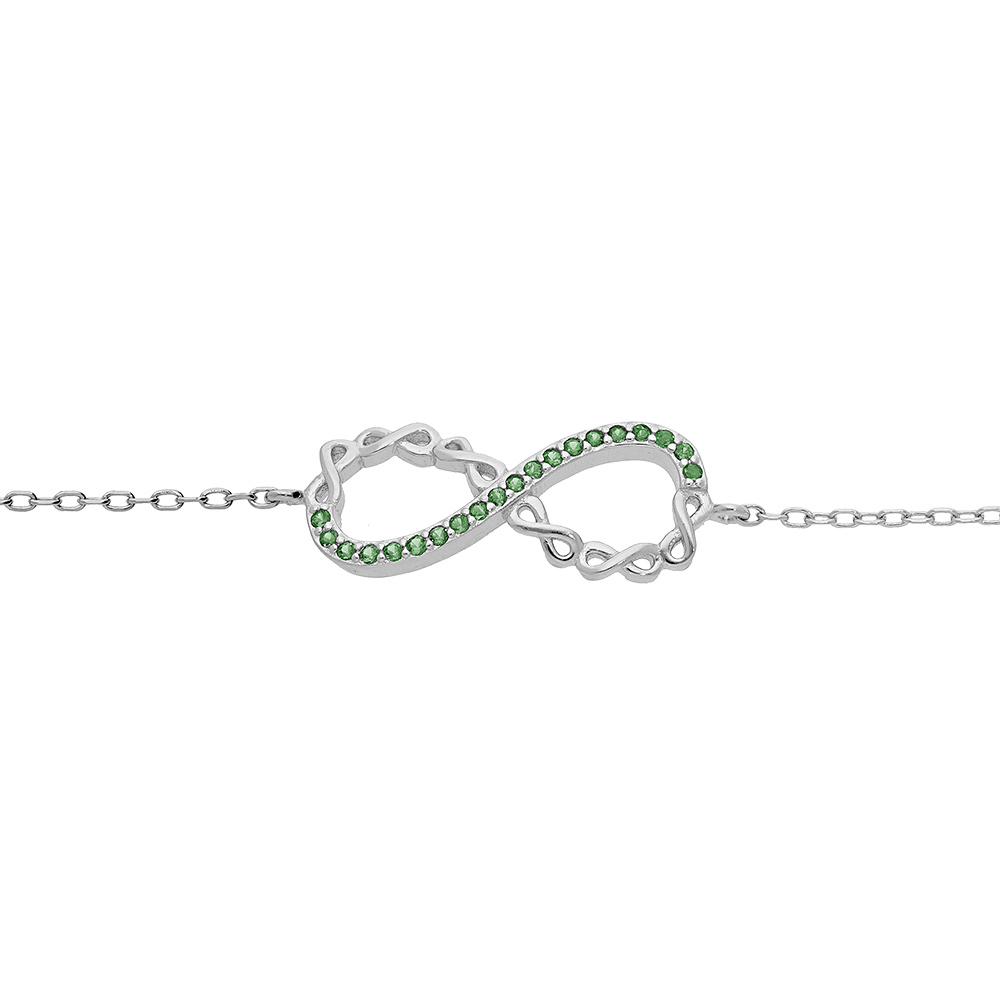 Bracelet en argent rhodi� cha�ne avec motif infini et oxydes verts 16+3cm - Vue 1