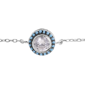 Bracelet en argent rhodi chane avec oxyde blanc serti et contour perl bleu 16+3cm - Vue 1
