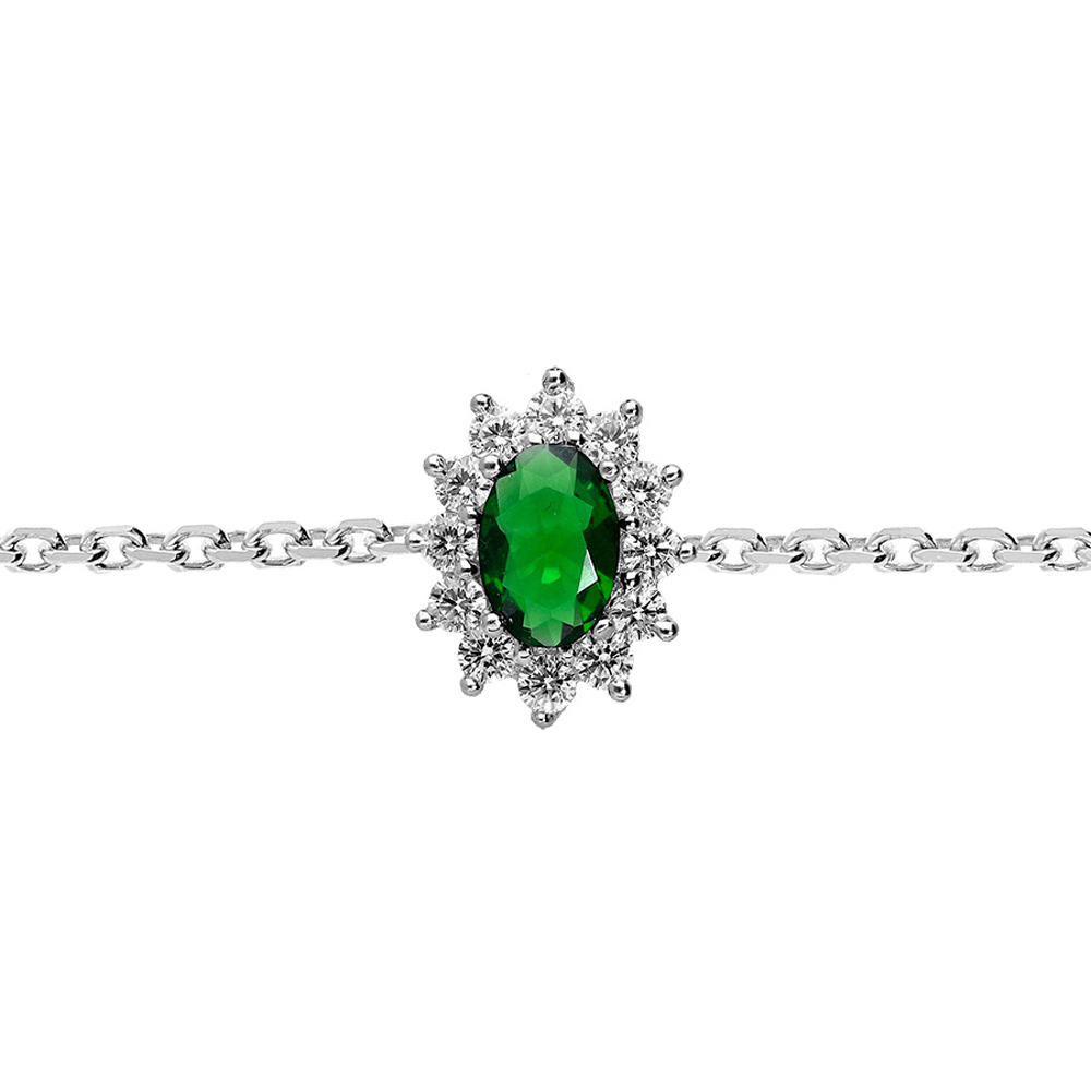 Bracelet en argent rhodi� cha�ne avec oxyde vert contour en oxydes blancs 16+3cm - Vue 1