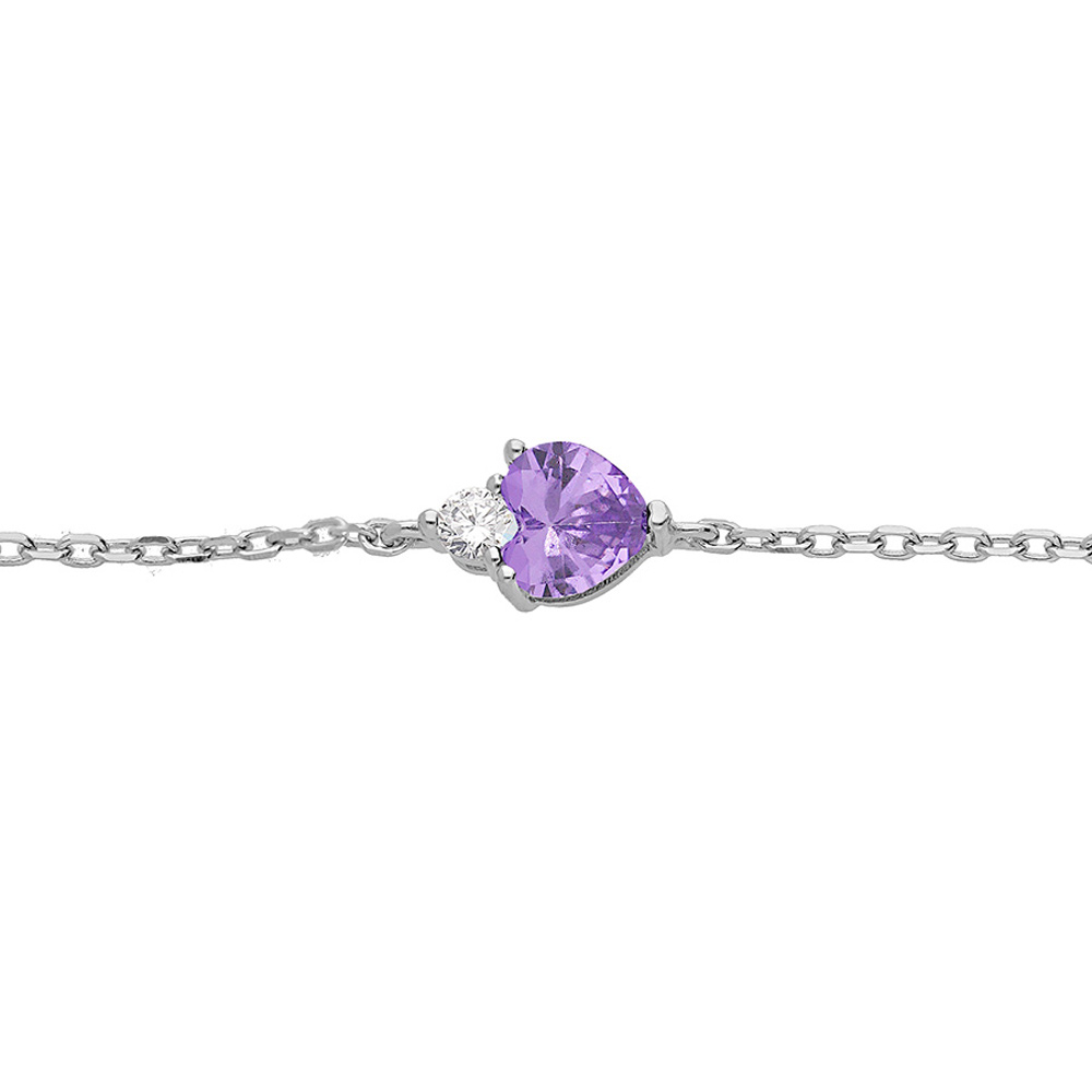 Bracelet en argent rhodi� cha�ne avec oxyde violet forme coeur et 1 oxyde blanc 16+3cm - Vue 1