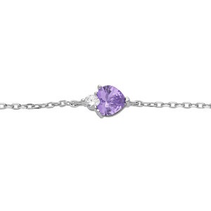 Bracelet en argent rhodi chane avec oxyde violet forme coeur et 1 oxyde blanc 16+3cm - Vue 1