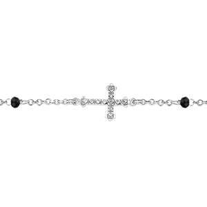 Bracelet en argent rhodi chane avec oxydes noirs et 1 croix couche orne d\'oxydes blancs - longueur 16cm + 3cm de rallonge - Vue 1