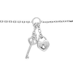 Bracelet en argent rhodi chane avec pampille coeur serrure et cl 16+3cm - Vue 1