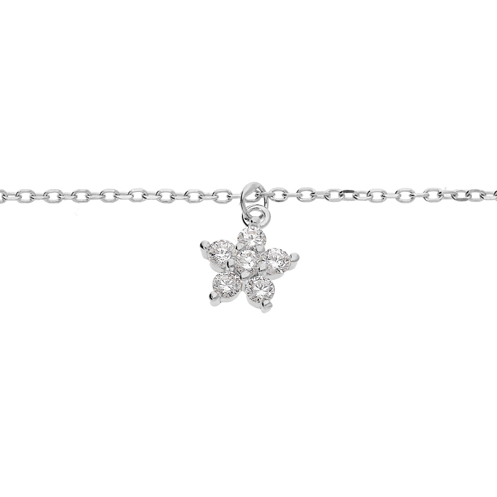 Bracelet en argent rhodi� cha�ne avec pampille fleur en oxydes blancs 15+3cm - Vue 1