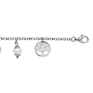 Bracelet en argent rhodi chane avec 5 pampilles arbre de vie ajour et 4 perles synthtiques blanches 16cm + 3cm - Vue 1