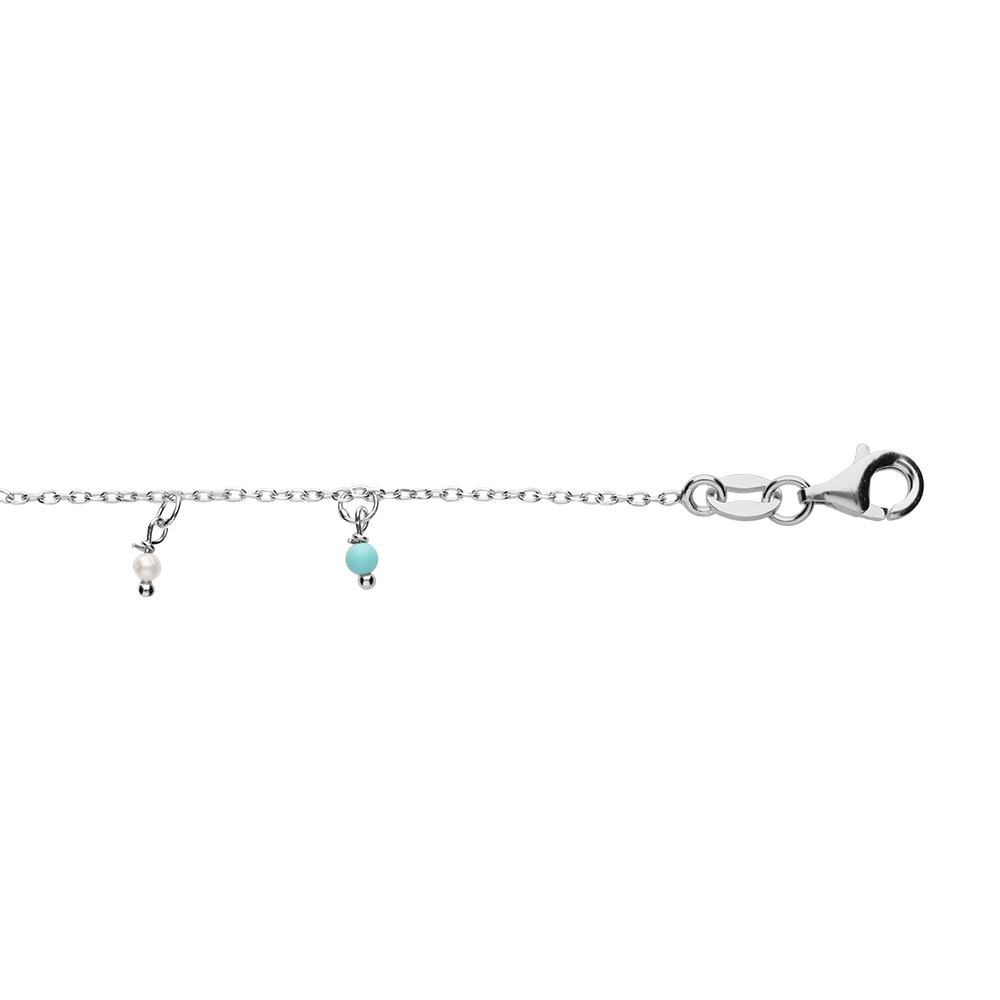 Bracelet en argent rhodi� cha�ne avec pampilles boules blanches et couleur turquoises 15+3cm - Vue 1