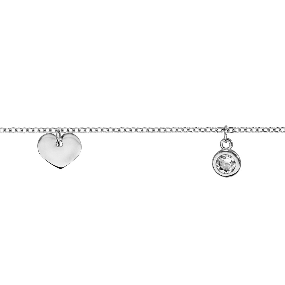 Bracelet en argent rhodi� cha�ne avec pampilles 2 coeurs et 1 oxyde blanc serti clos 16cm + 3cm - Vue 1