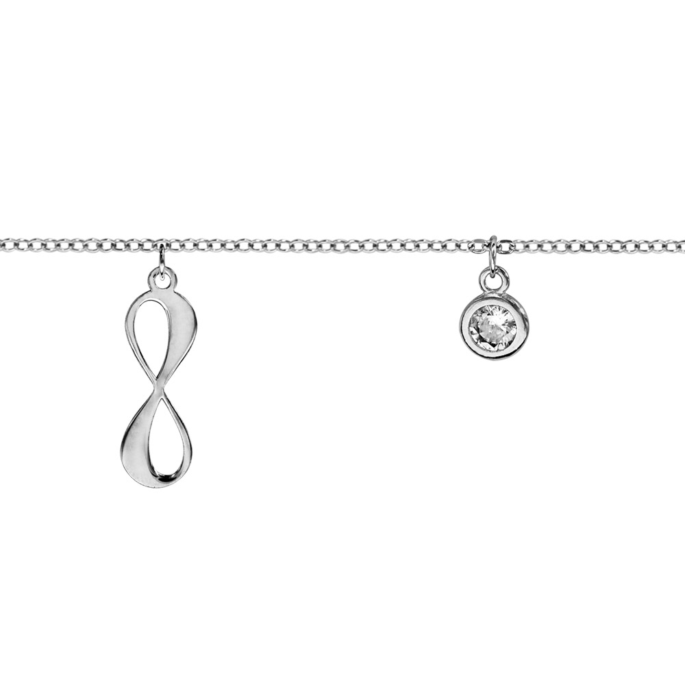 Bracelet en argent rhodi� cha�ne avec pampilles 2 infinis et 1 oxyde blanc serti clos 16cm + 3cm - Vue 1