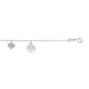 Bracelet en argent rhodi chane avec pampilles marteles coeur et arbre de vie 16+3cm - Vue 1