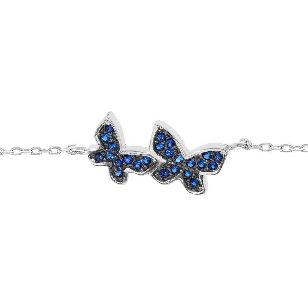 Bracelet en argent rhodi� cha�ne avec 2 papillons oxydes bleu fonc� 16+3cm - Vue 1