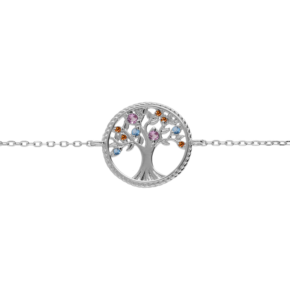 Bracelet en argent rhodi� cha�ne avec pastille arbre de vie contour perl� et oxydes multi couleurs 16+2cm - Vue 1