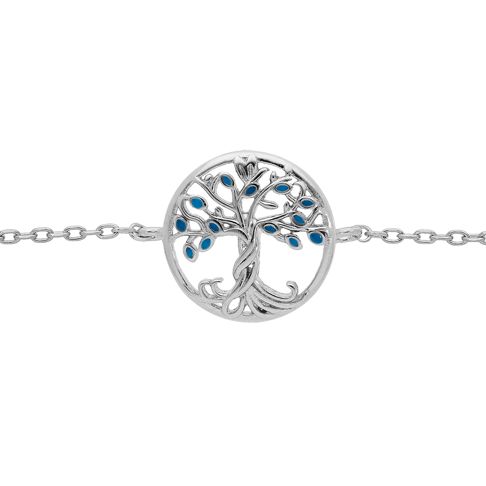 Bracelet en argent rhodi� cha�ne avec pastille arbre de vie couleur bleue 15+2.5cm - Vue 1