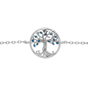 Bracelet en argent rhodi chane avec pastille arbre de vie couleur bleue 15+2.5cm - Vue 1