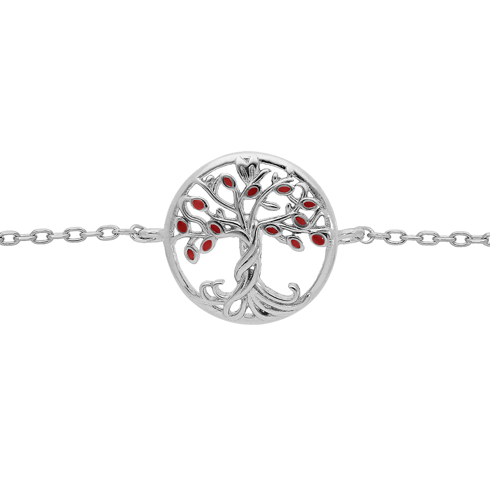 Bracelet en argent rhodi� cha�ne avec pastille arbre de vie couleur rouge 15+2.5cm - Vue 1